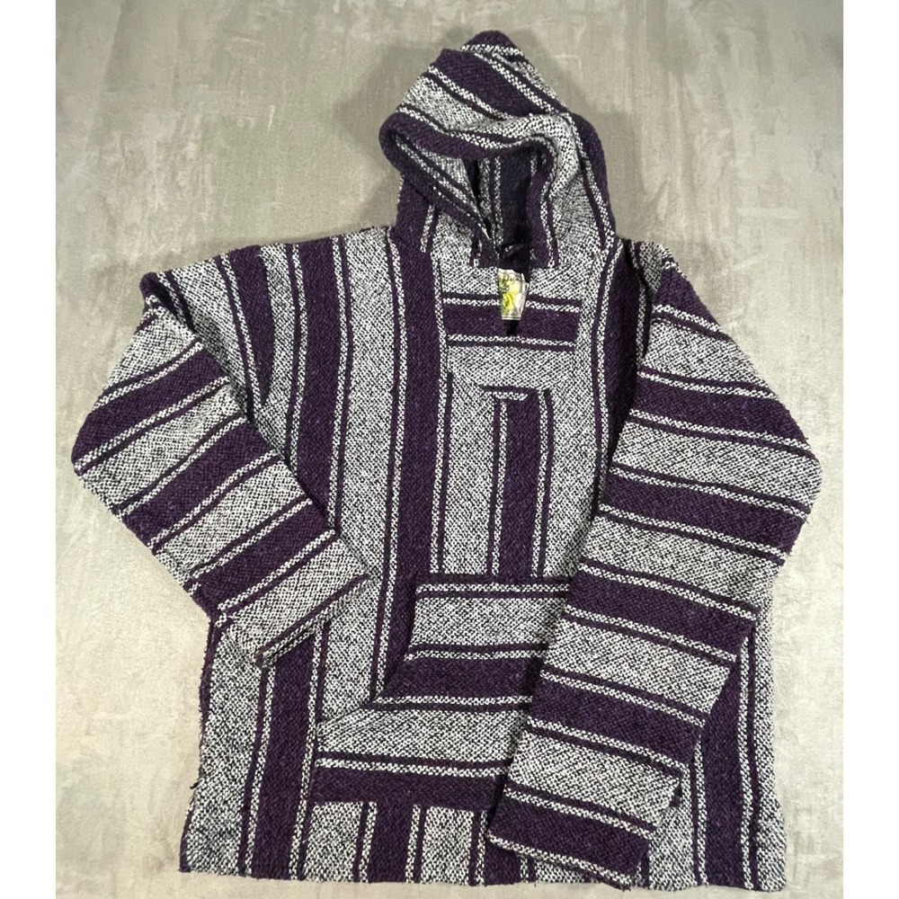 Iguana Jack Baja Hoodie Mens XL Purple Striped Woven Pullover Mexican Poncho